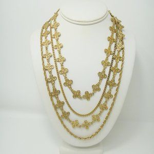 Multi Strand Clover Motif Necklace Gold Tone Chains 4